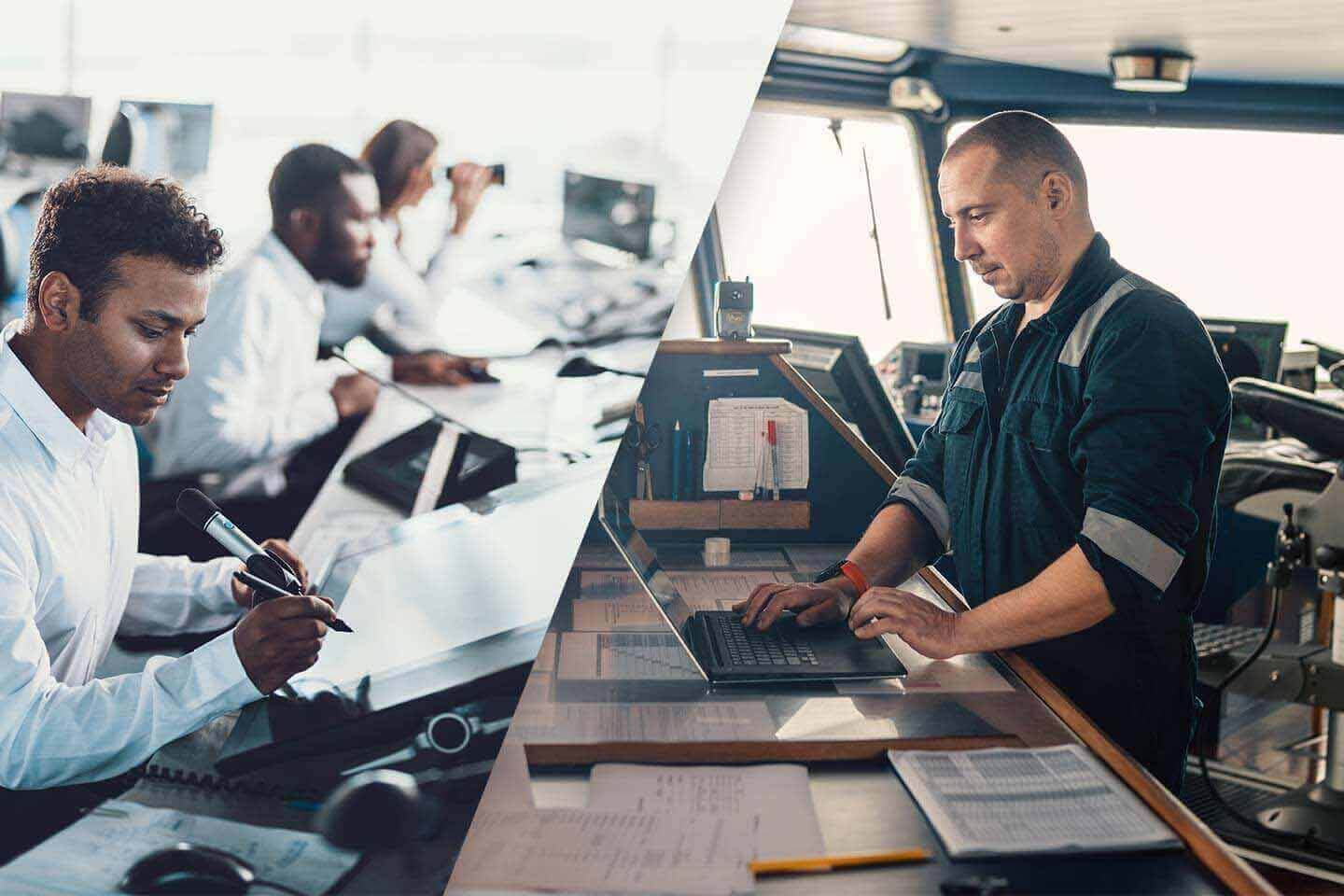 Marine navigational officer or technician is using laptop or notebook at sea. talk with logistics control center